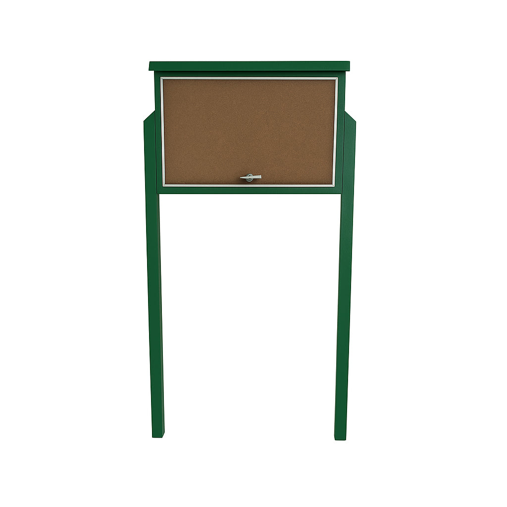 Green outdoor message board with lockable glass door, cork bulletin surface, mounted on two posts for community use.