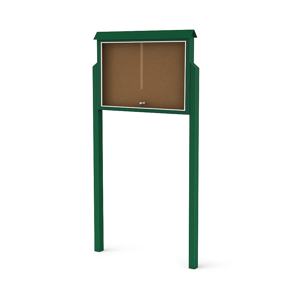 Outdoor green recycled plastic message board with lockable glass door and cork bulletin surface for community use