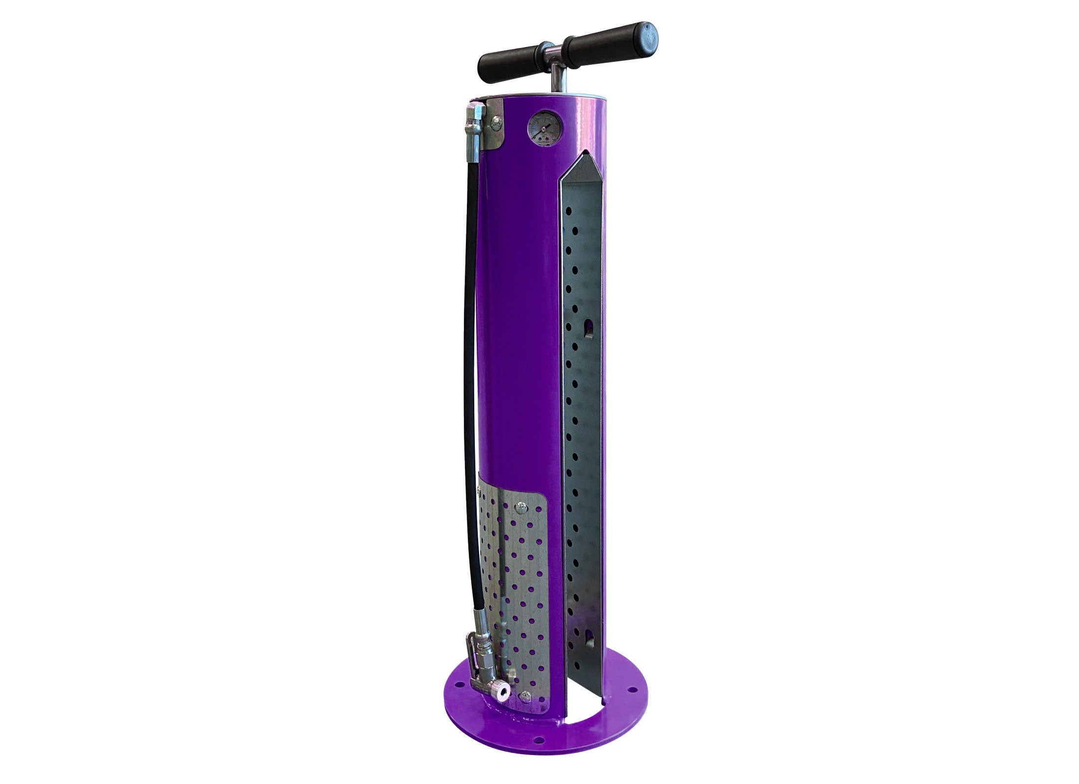 Purple anodized aluminum bike pump with integrated wheel holder, PSI pressure gauge, and black hose, angled view