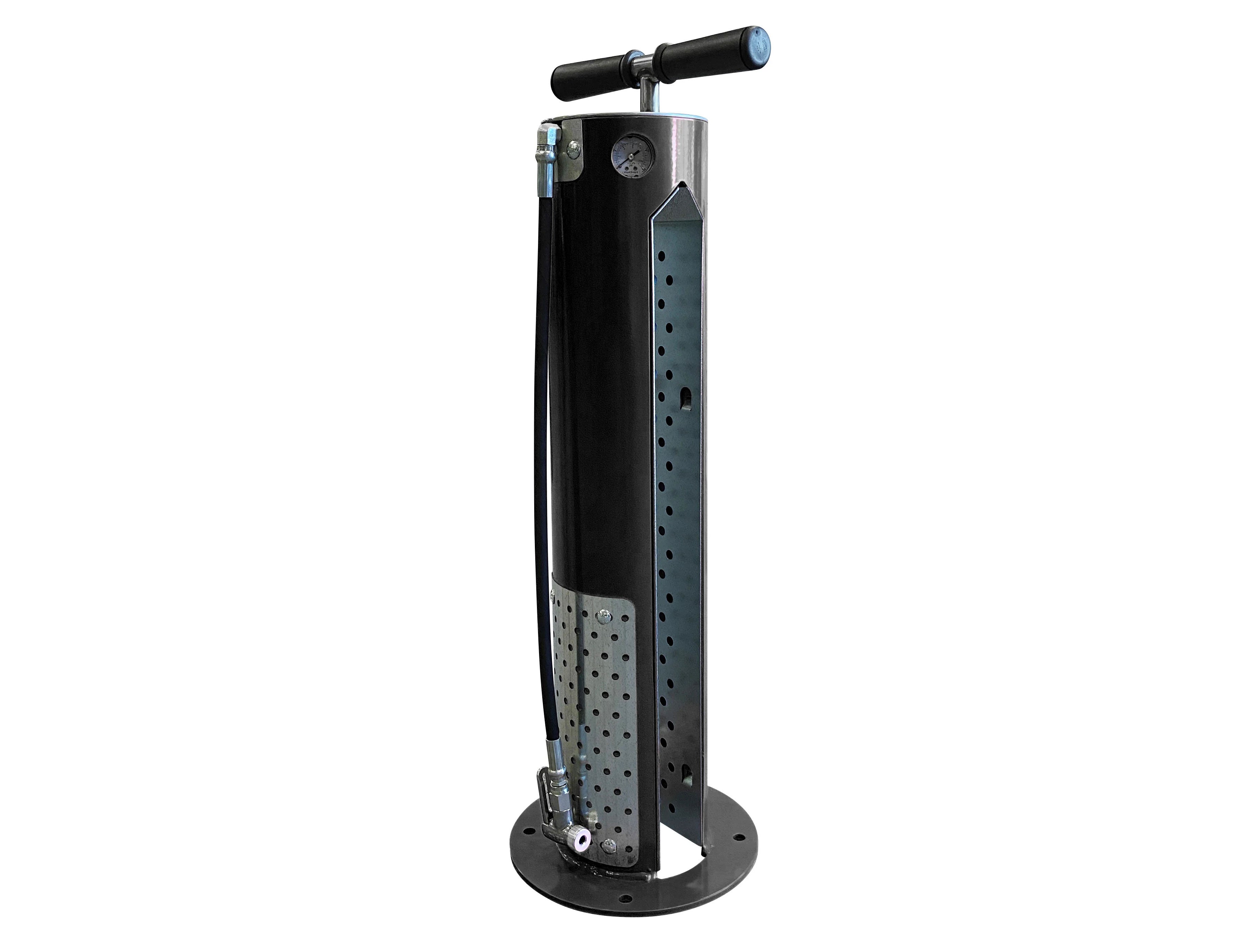 Air Kit 4 bike pump with anodized aluminum body, integrated wheel holder, PSI gauge, and durable metal head for Presta and Schrader valves
