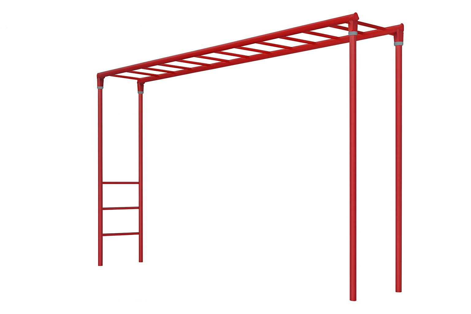 Horizontal Ladder Challenge playground climbing equipment with red painted metal bars and ladder rungs on wood chip ground outdoors
