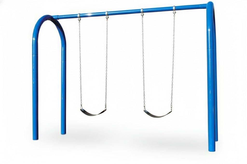 Heavy Duty Arch Swing Set with powder-coated blue arch frame and two black cut-proof swing seats in outdoor play area
