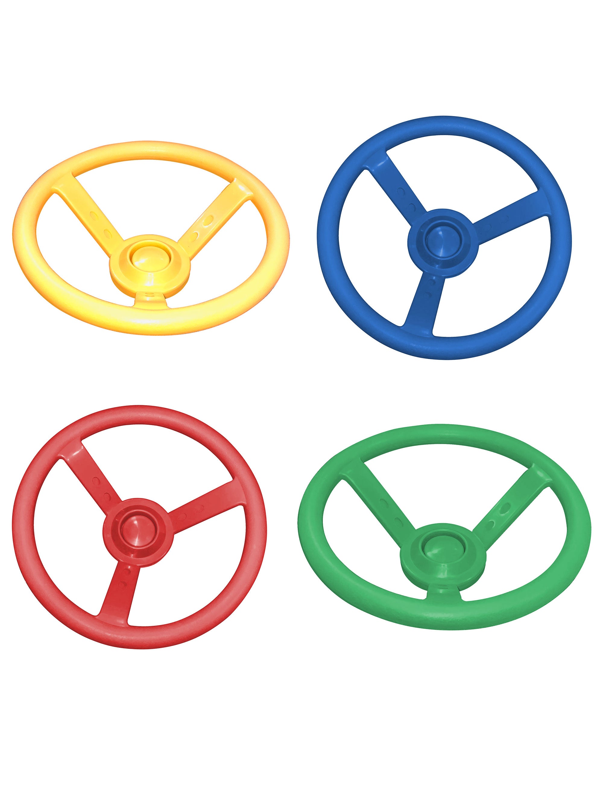 Overhead view of four colorful Plastic Steering Wheel swing set accessories in blue, green, red, and yellow with horn button caps