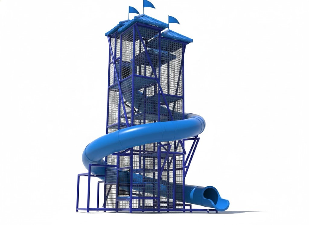 The Mediterranean Sea Water Slide, tall blue spiral commercial water slide with safety netting and flags beside a pool