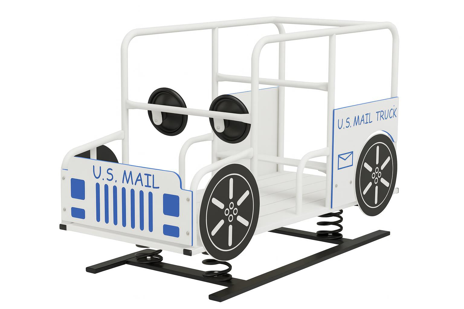 US Mail Multi Passenger Spring Rider playground equipment with white metal frame, black interactive steering wheels, and blue grille accents