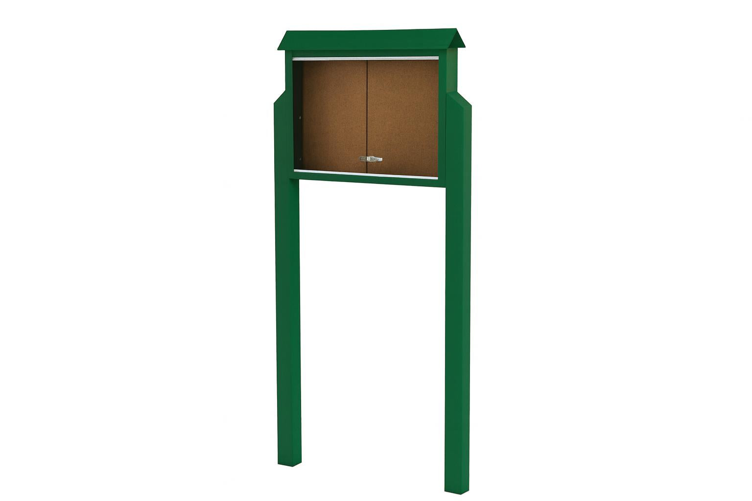 Medium Recycled Plastic Standard Message Center with green frame, lockable sliding acrylic doors, cork bulletin board, and two posts for outdoor use.