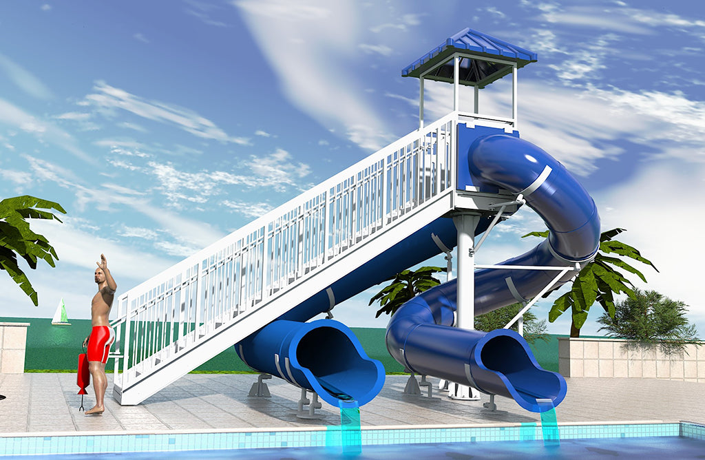 Large blue dual water slide with spiral and straight chutes, white railing stairs, lifeguard figure, poolside with palm trees
