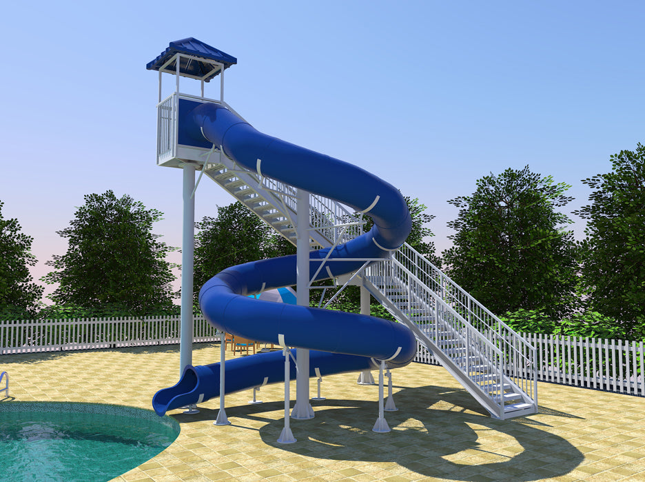 Angel Falls Water Slide with blue twisting tube slide and white open stair structure beside a pool