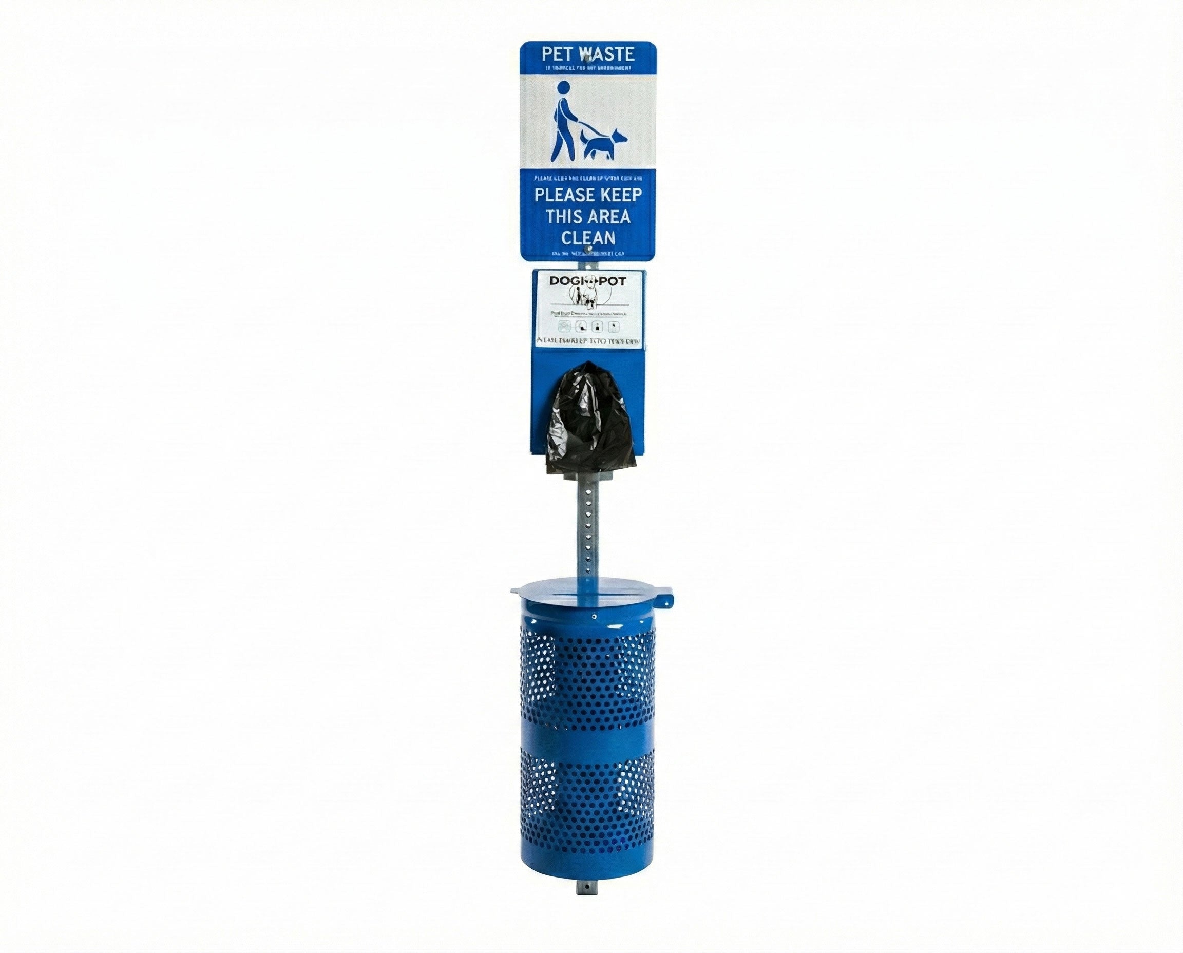 Aluminum Waste Station in blue with perforated cylindrical receptacle, hinged lid, leash-and-dog icon, and bag dispenser mounted on black fence