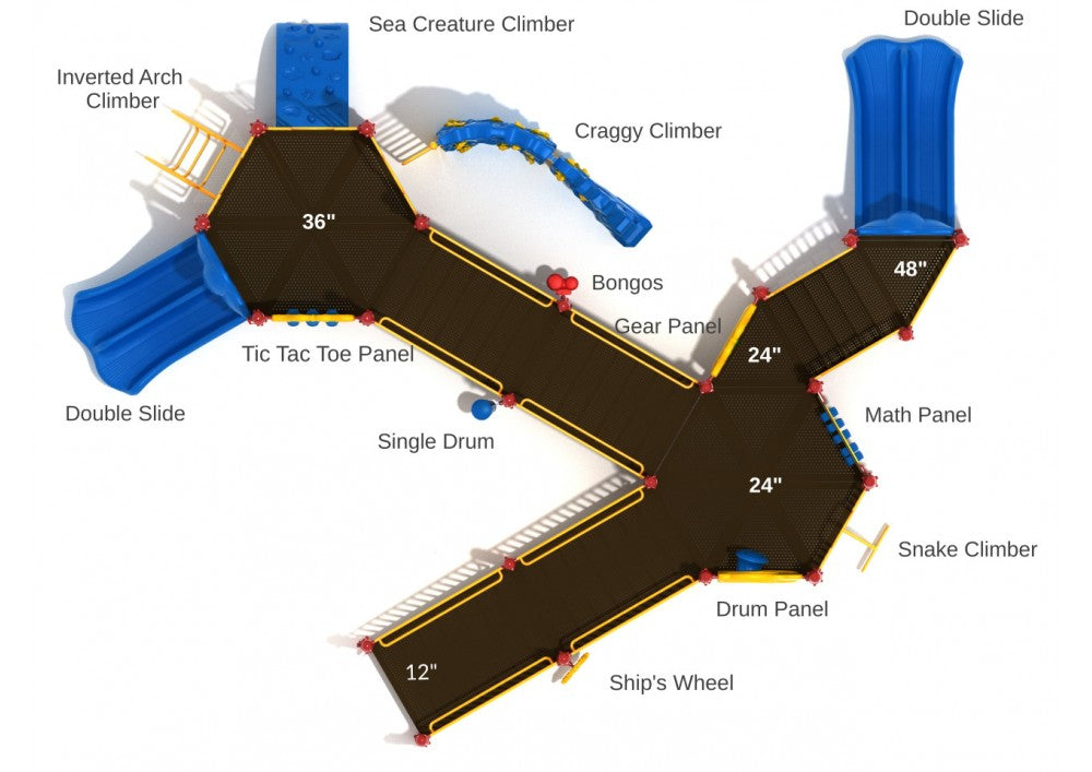 Overhead view of accessible playground with double slides, climbers, musical panels, and interactive play features on elevated decks.