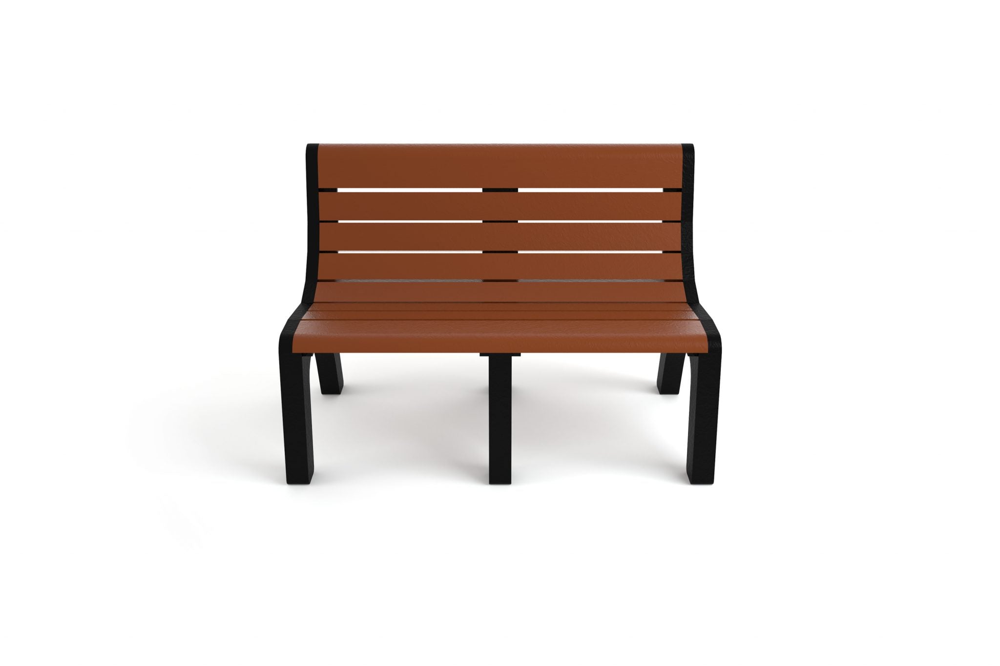 Brown recycled plastic park bench with black metal legs and slatted backrest, front view