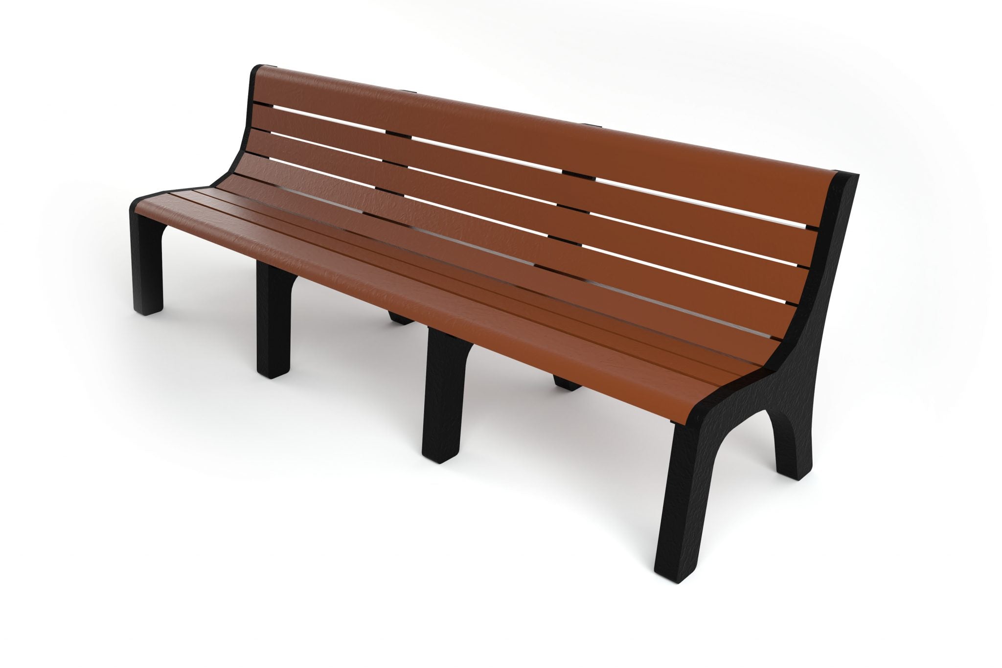 Brown recycled plastic park bench with black metal legs, slatted seat and backrest, angled side view.