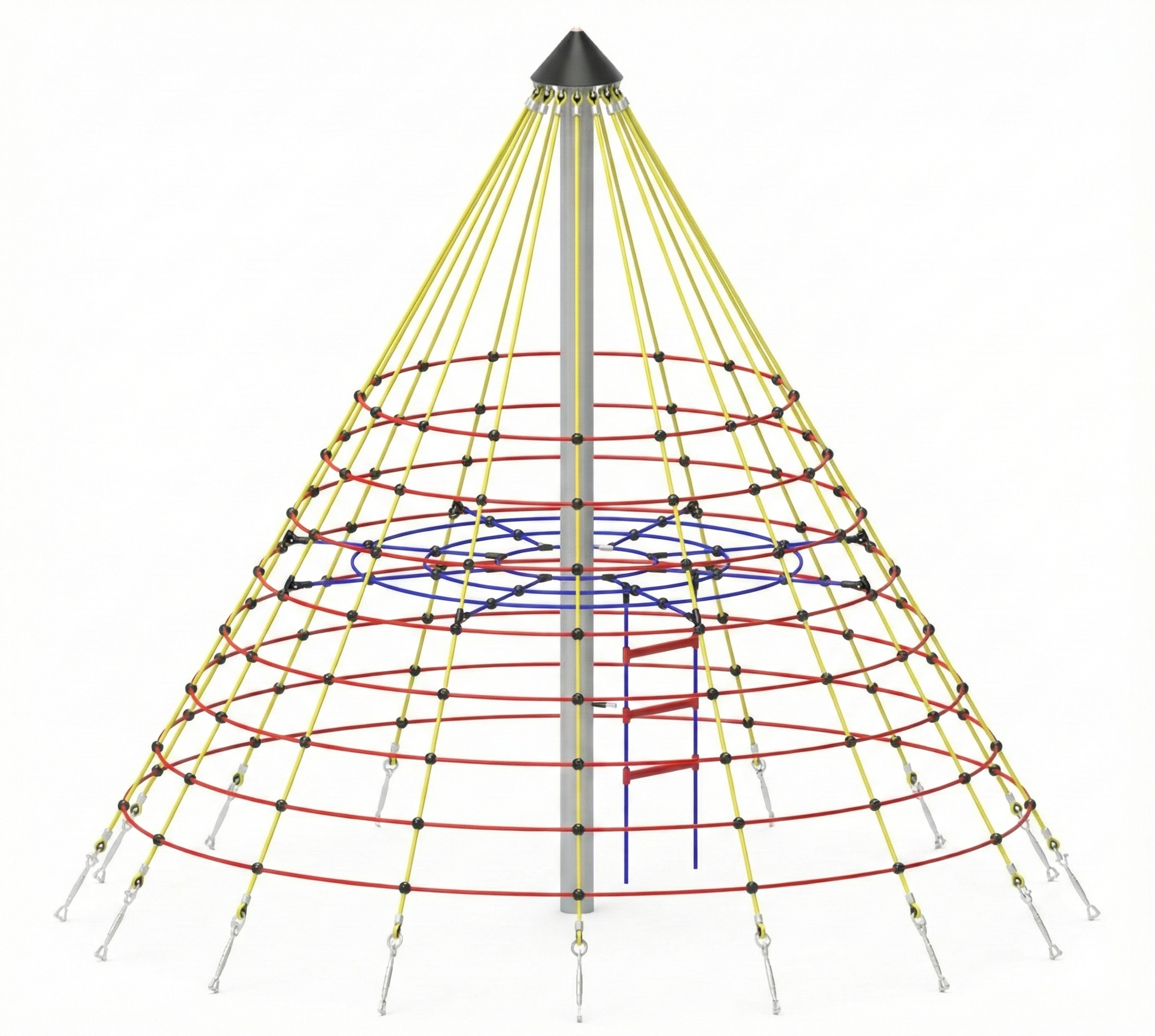 The Great Pyramid conical outdoor climbing structure with yellow vertical ropes, red horizontal rings, and central gray pole for active play and exploration