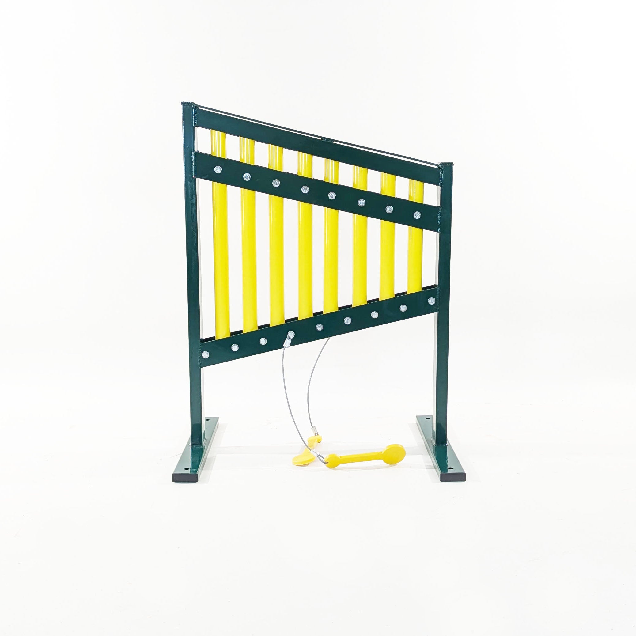 Musical Chimes Play Event with yellow chimes and green frame, outdoor playground instrument for children’s musical play and learning