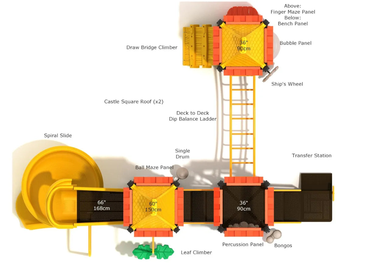 Overhead view of colorful castle-themed commercial playground with spiral slide, climbers, and interactive play panels