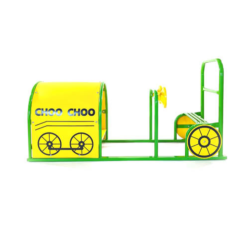 Choo Choo Train Engine with green steel frame, yellow plastic crawl tube, and black wheel graphics for outdoor play equipment