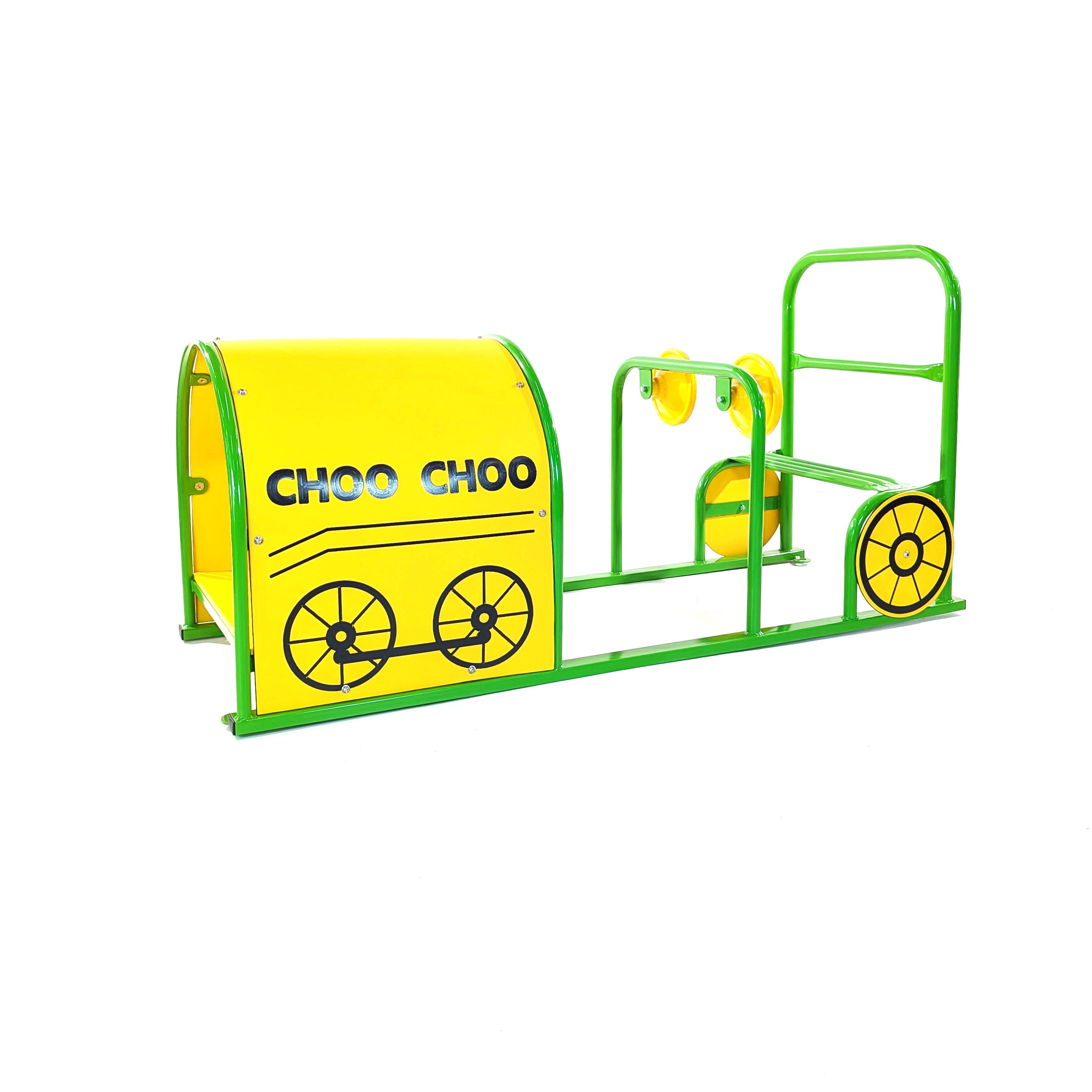Yellow and green children's crawl tube play structure shaped like a train engine with wheels and handles