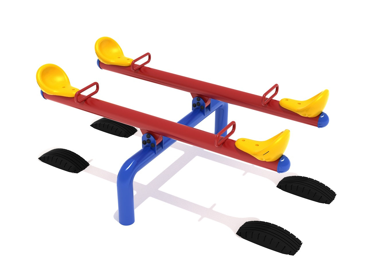 Four-seat playground seesaw with red beams, yellow molded seats, blue frame, and black tire bases