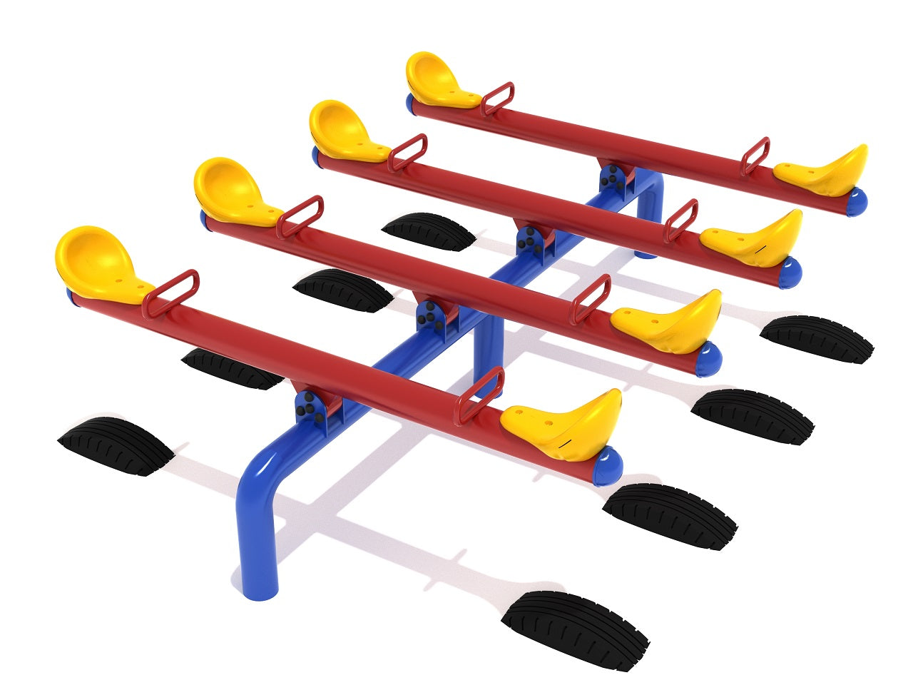 Red and blue playground seesaw with four yellow seats and black tire bumpers beneath each seat