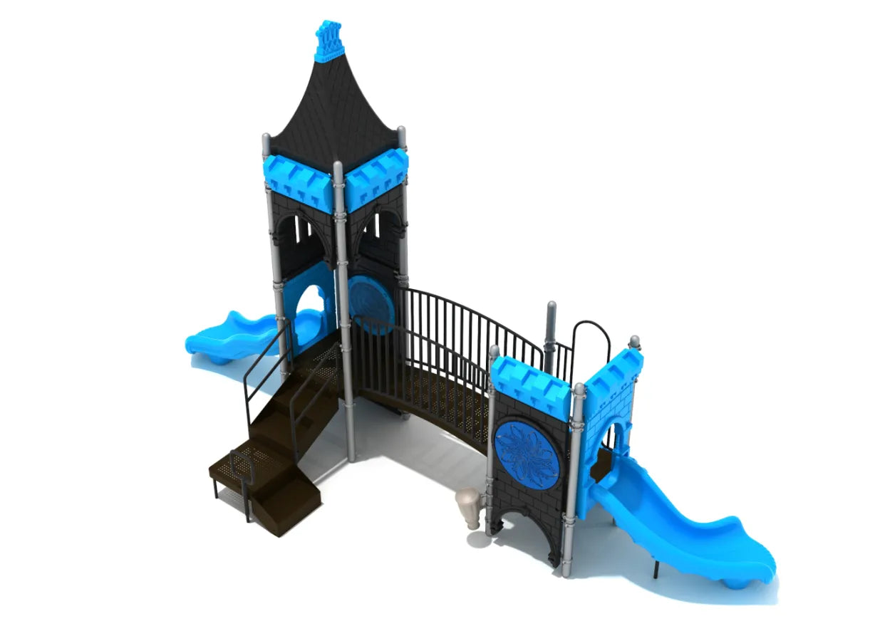Coastal Citadel Playground with castle-themed towers, blue slides, black bridge, and activity panels for imaginative play