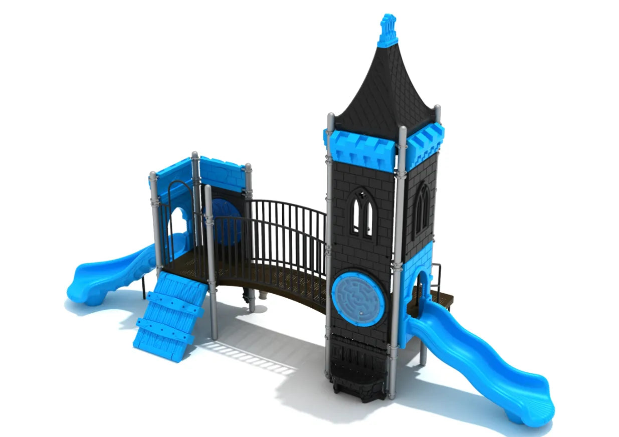 Castle-themed playground with black and blue tower, two blue slides, climbing ramp, bridge, and interactive activity panels.