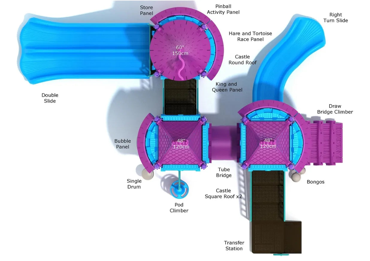 Overhead view of a colorful castle-themed playground with slides, climbers, activity panels, and musical instruments