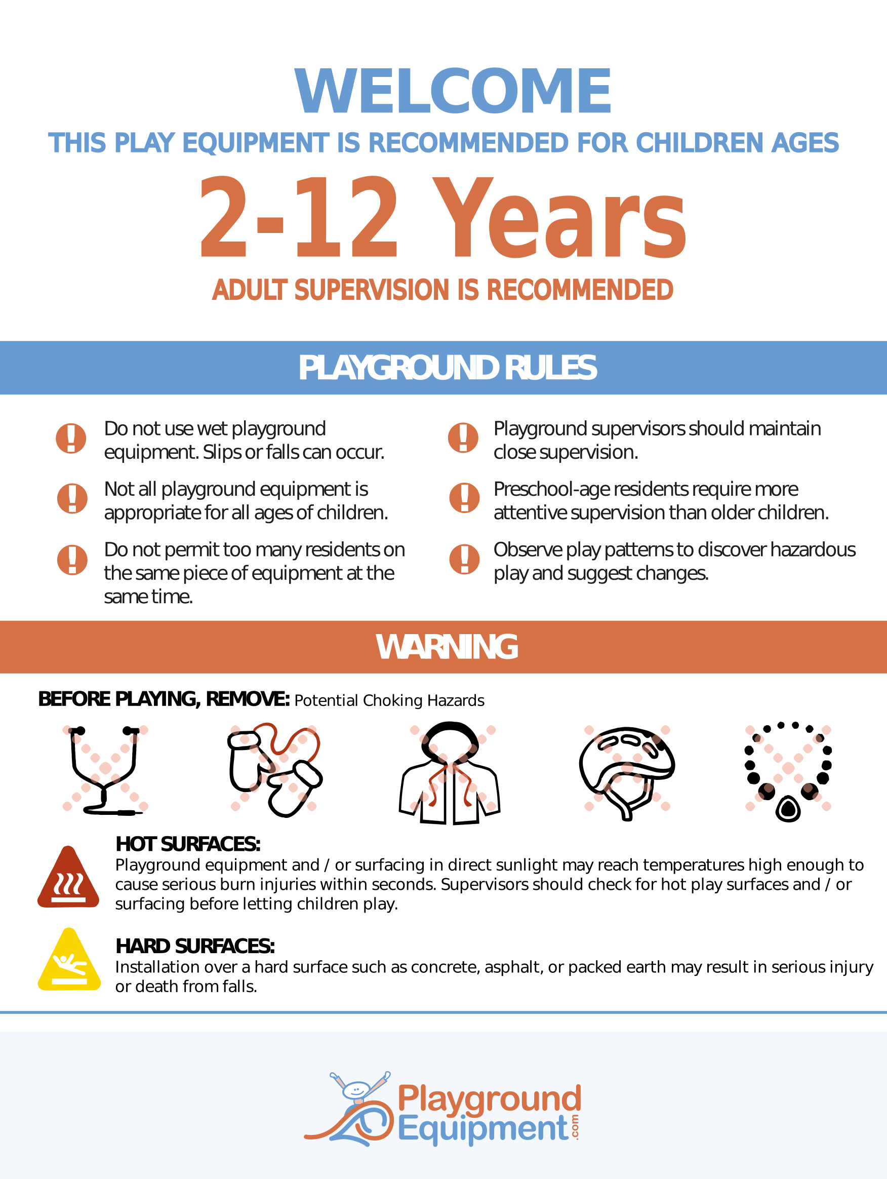 Double-sided playground safety sign with age guidelines, supervision warnings, rules, hazard icons, and hot surface alerts.