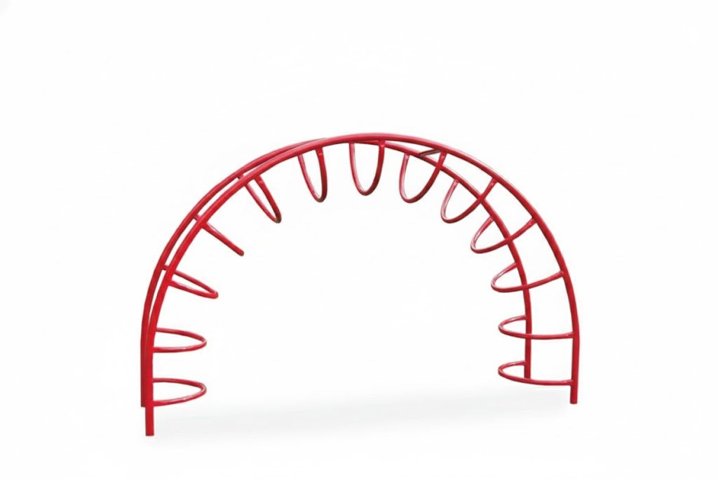 Half Moon Rung Climber with red metal arch and curved rungs, child climbing on outdoor playground equipment