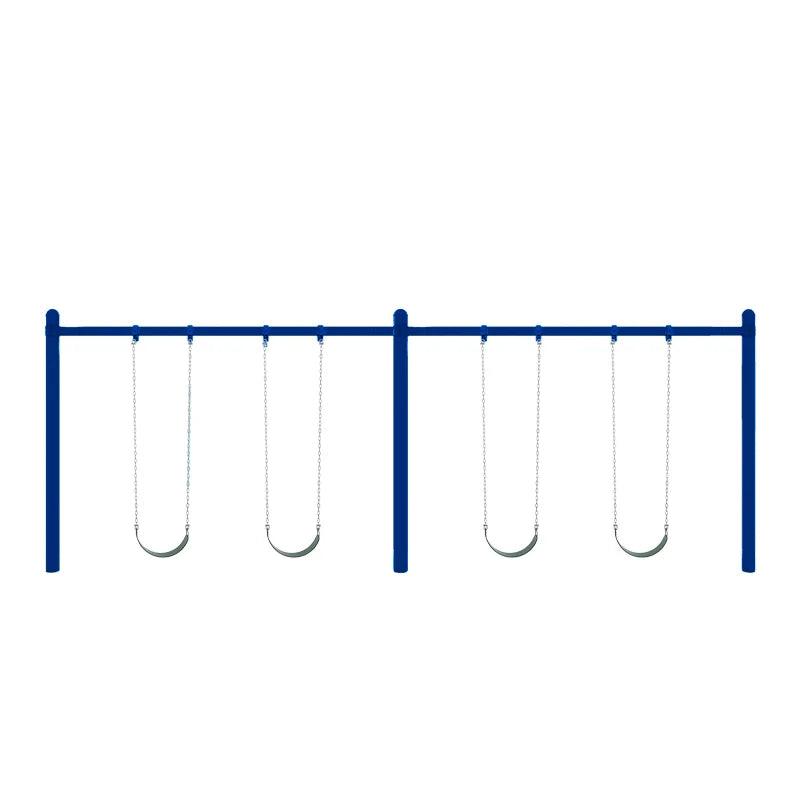 Blue commercial single-post swing set with two frames, each holding two belt swings with chains