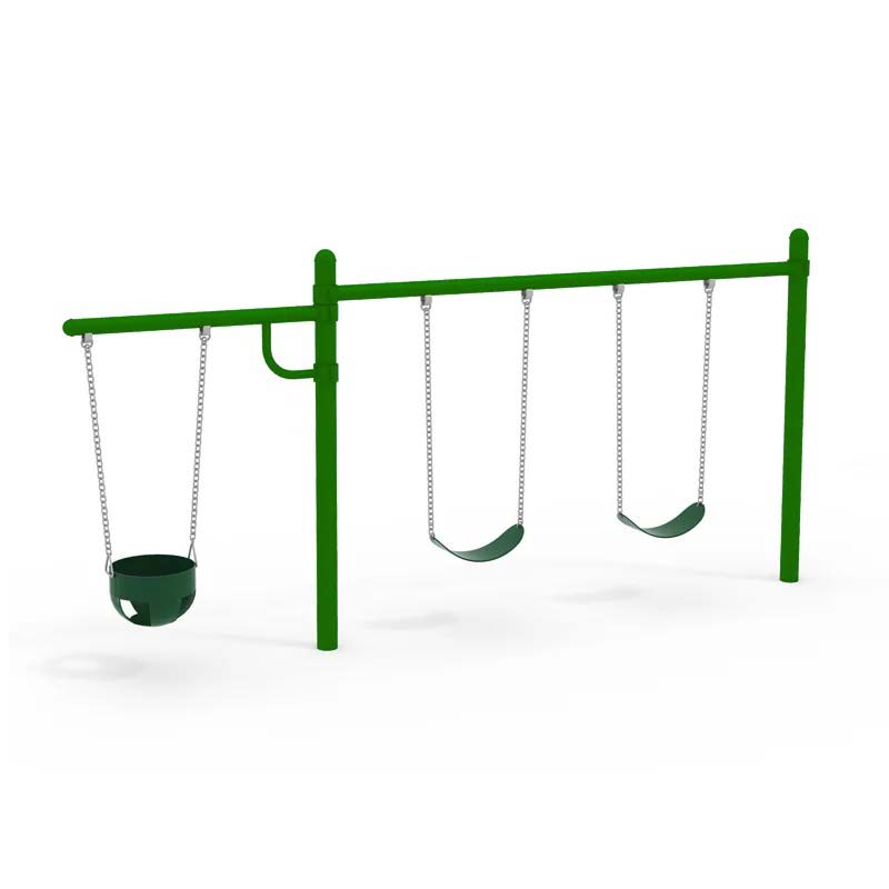 5 Inch Single Post Swing Set With Cantilever Arm in green featuring an infant bucket seat and two belt swings on a sturdy metal frame