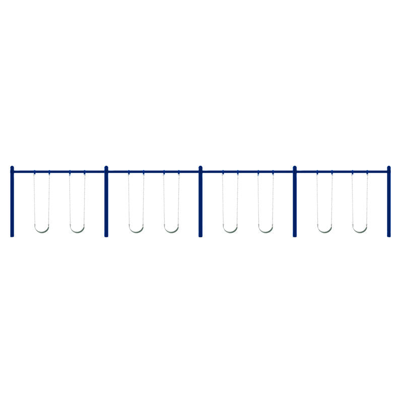 Long blue metal single post swing set with eight belt swings and sturdy chains for commercial play areas