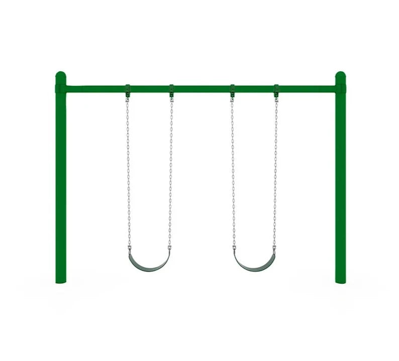 Green single post metal swing frame with two black belt swings suspended by chains