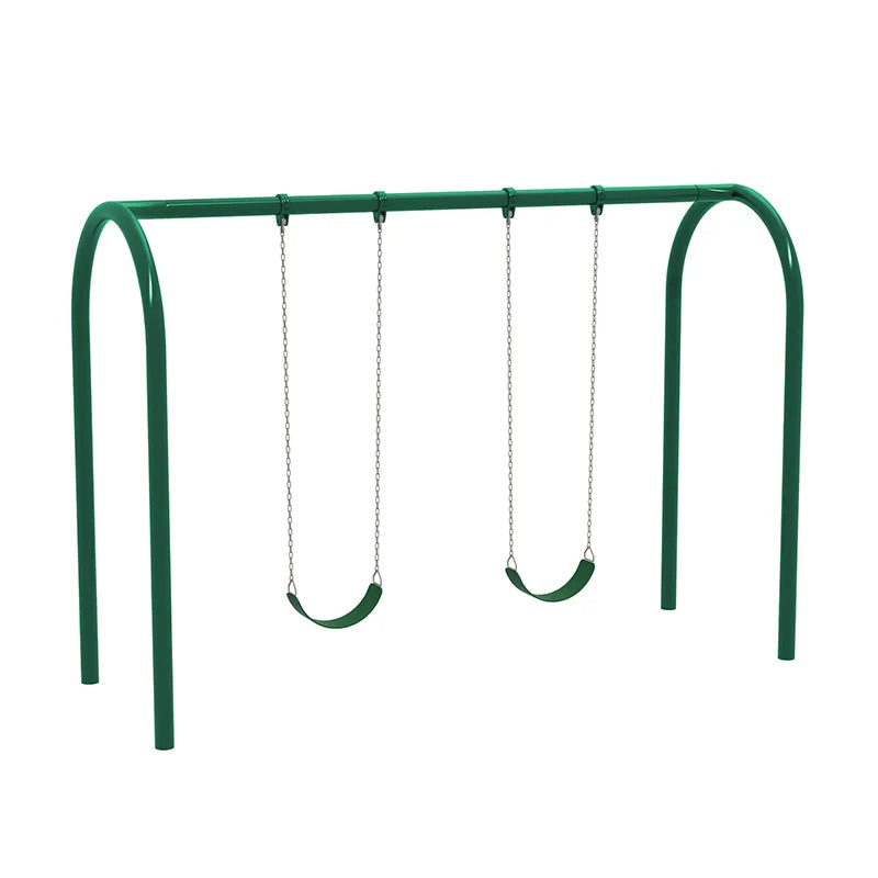 3.5 Inch Metal Post Arch Swing Set with green metal arch frame and two green belt swings hanging from chains