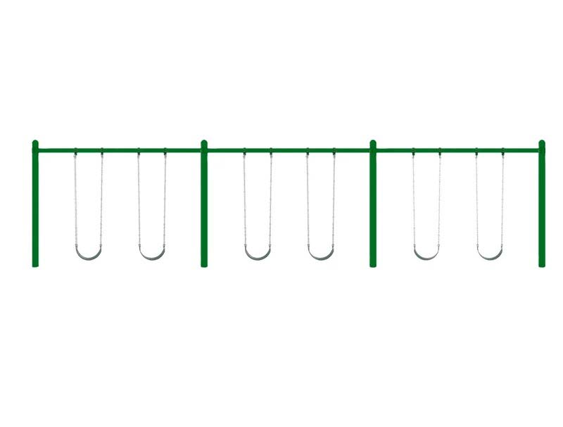 Green commercial single post swing set with six belt swings arranged in a linear row
