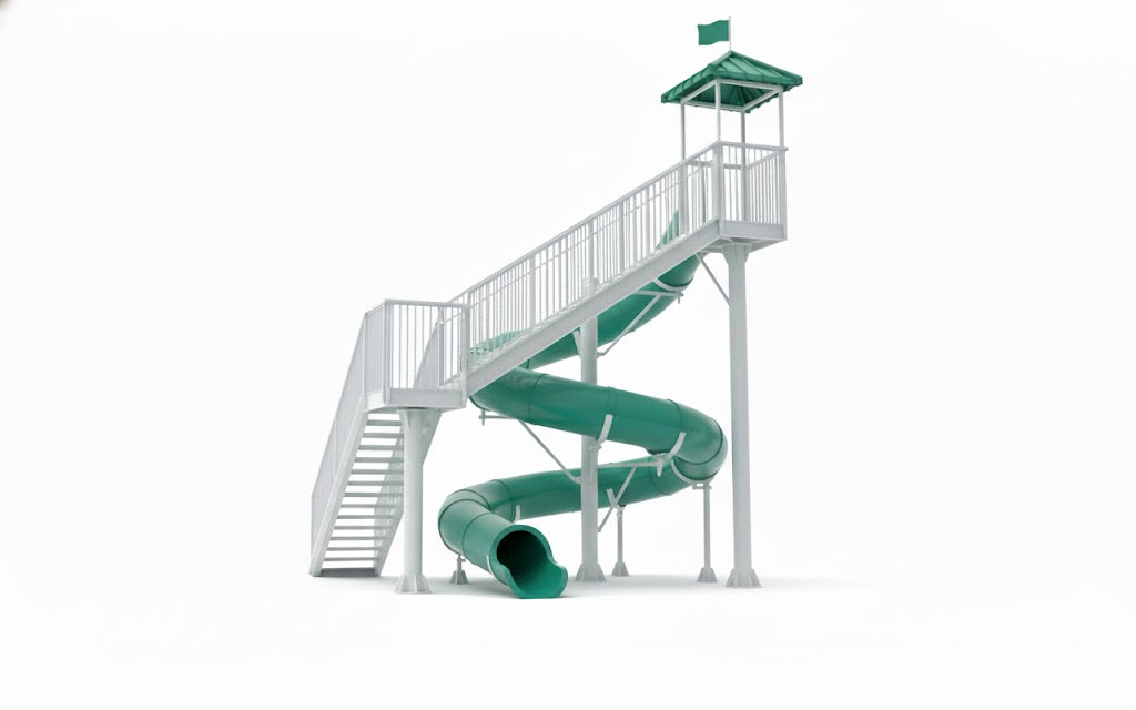 Victoria Falls Water Slide with green spiral tube, white open stair structure, safety railing, and covered top platform