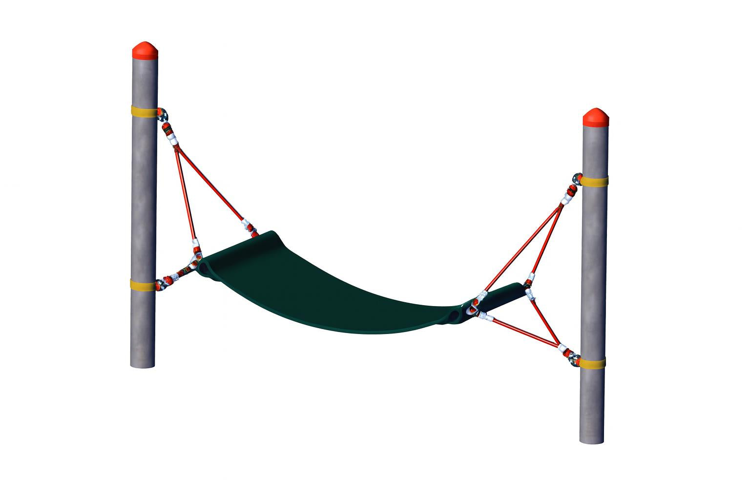 Rubber Hammock playground equipment with green rubber hammock suspended by red ropes between two steel posts with red caps