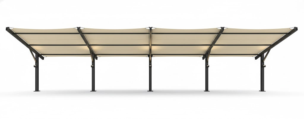 Slanted Cantilever Wing Cabled Shade Structure with beige tilted fabric top and two grey support columns over rooftop patio seating at dusk