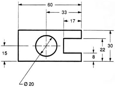 Technical drawing of a mechanical part with a central circular hole and U-shaped cutout, featuring dimensional annotations from an overhead view.