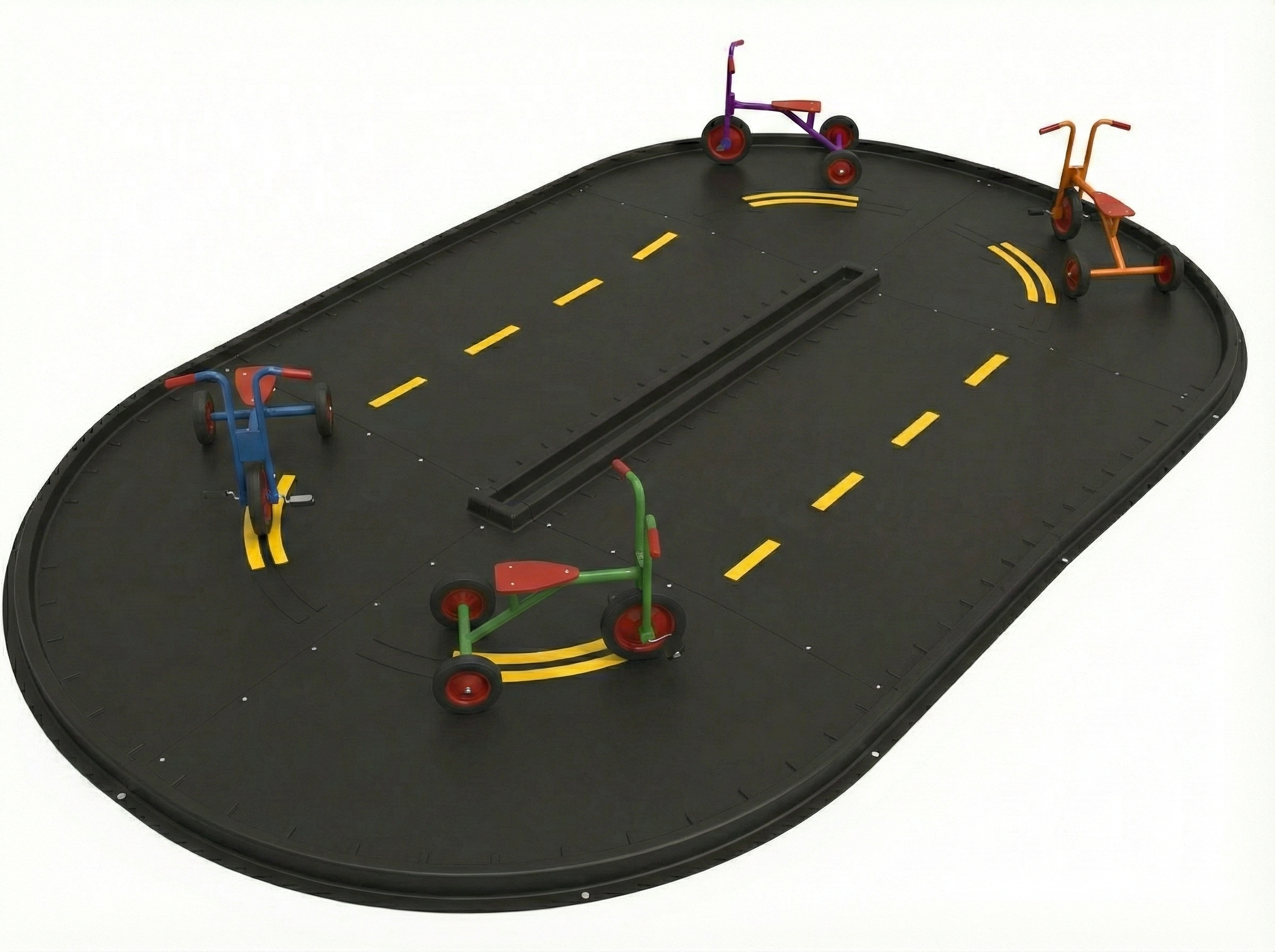 Talladega Fast Trike Path with black TPO plastic surface, yellow road markings, and four colorful tricycles on the track