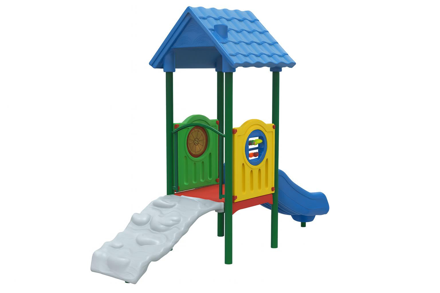 Marco Polo Explorer Center Early Childhood Playground with blue roof, dinosaur fossil climber, activity panels, and river rapids slide on mulch surface