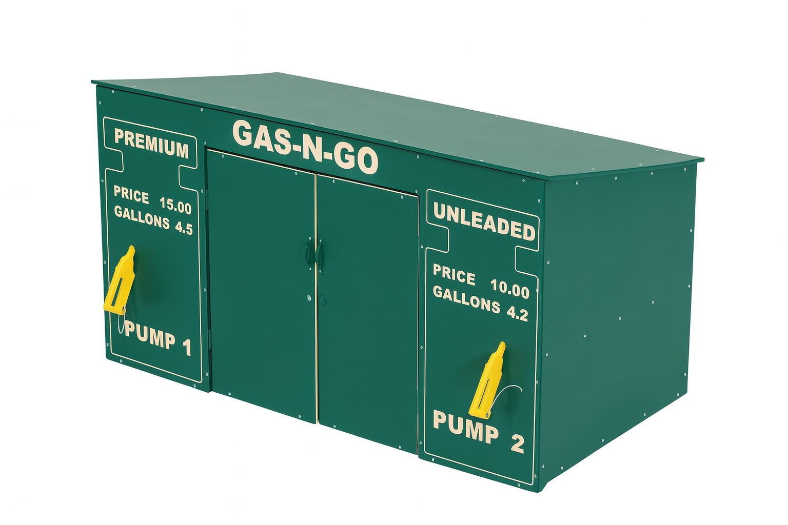 Trike Storage Gas N Go green outdoor storage unit with lockable double doors and two yellow pump handles on grass