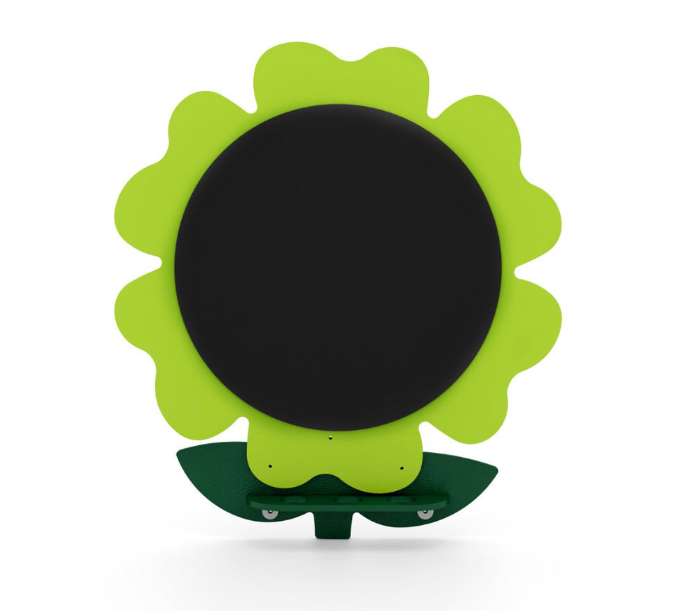 Flower-shaped lime green chalkboard with black writing surface and dark green leaf base, playful and durable design for creative use