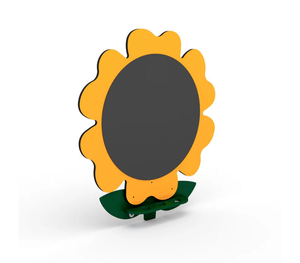 Flower-shaped chalkboard with bright orange petals and green leaf base for creative drawing and play.