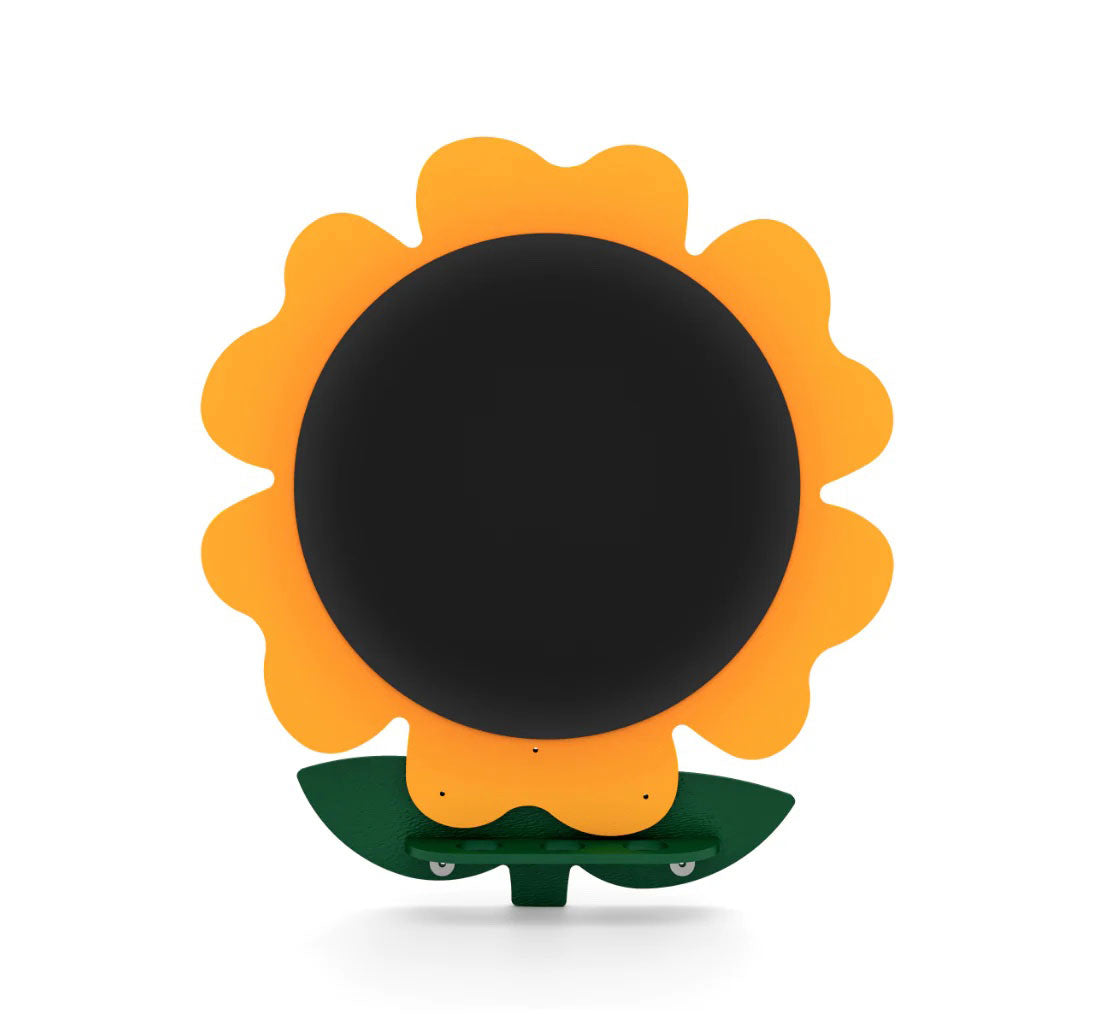 Orange flower-shaped chalkboard with black writing surface and green leaf base, designed for creative play and messaging.