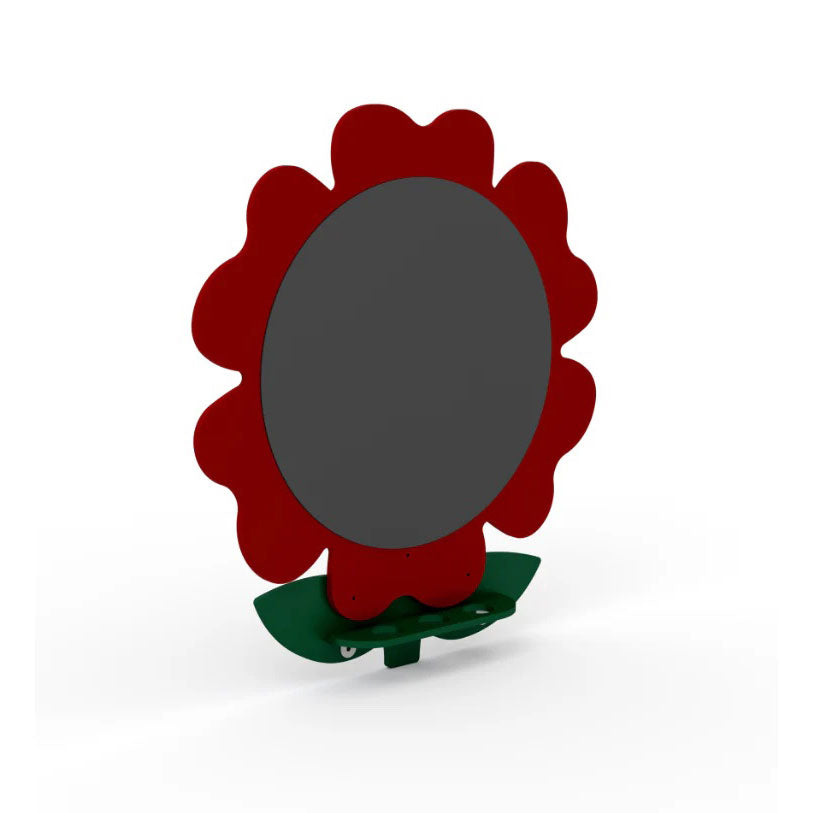 Flower-shaped chalkboard with red petals and green leaf base, designed for creative drawing and playful doodling.