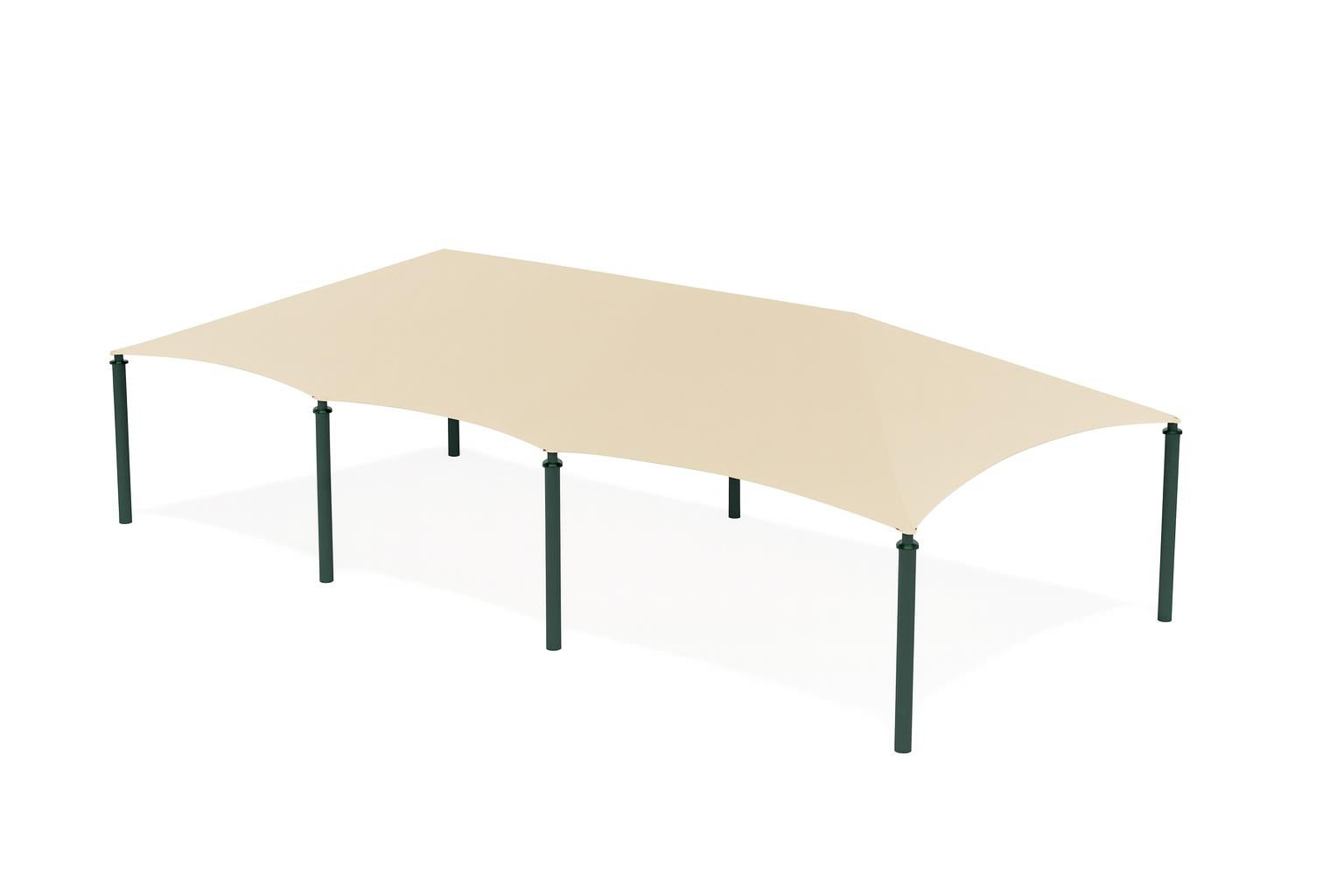 8 Post Extended Hip Shade Structure with beige fabric canopy and dark green metal posts