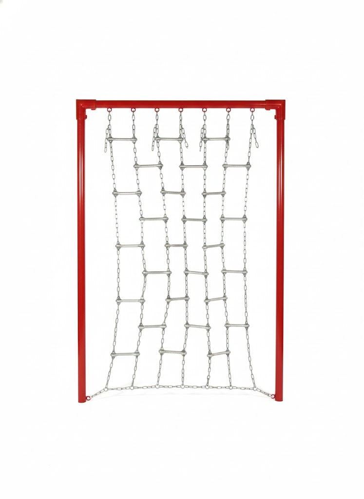 Boarding Net Challenge Climber with red metal frame, silver chain ladder, two children climbing, wood chip ground surface