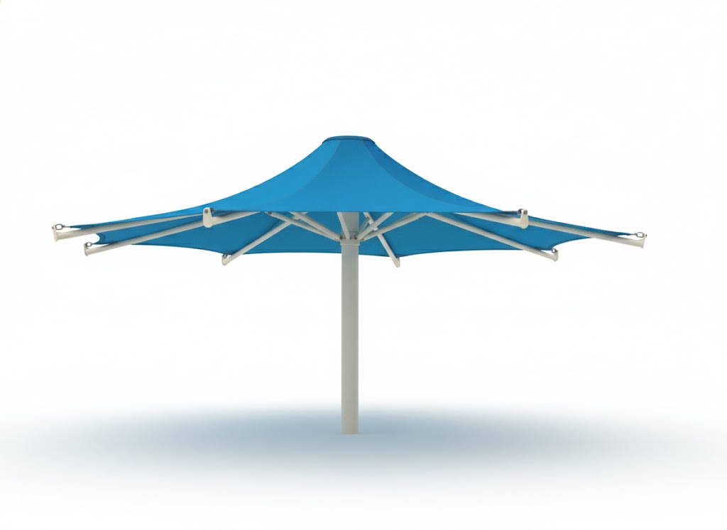 Twilite 8 Point Shade Structure with blue fabric canopy and single white central column over sandy poolside with lounge chairs