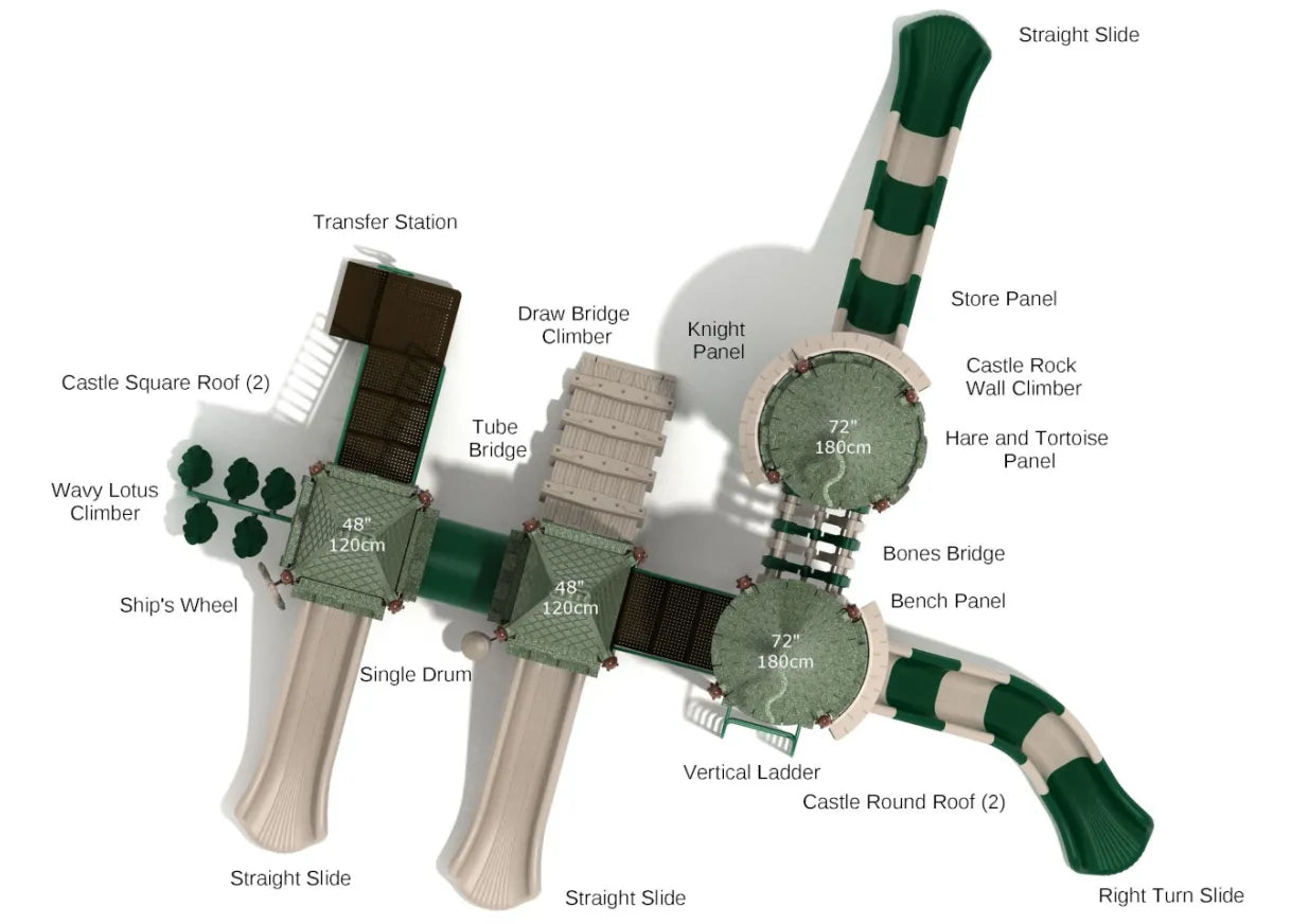 Overhead view of castle-themed playground with slides, climbers, bridges, activity panels, and whimsical roofs for imaginative play and active fun