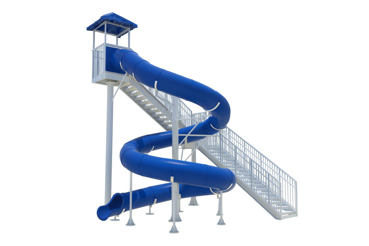 Angel Falls Water Slide with blue twisting enclosed tube and white open stair structure beside pool